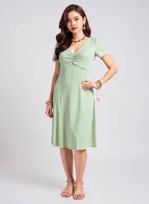 Robe mi-longue imprimé fantaisie manches courtes vert LINGAM femme
