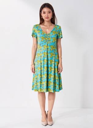 Robe mi-longue imprimé fantaisie manches courtes vert LINGAM femme
