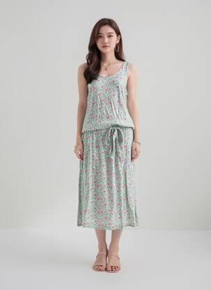 Robe longue imprimé fantaisie sans manche vert LINGAM femme