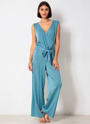 Combi-pantalon col cache-coeur sans manche bleu LINGAM femme