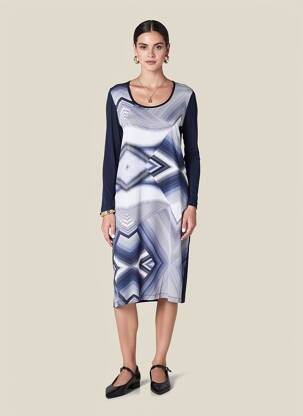 Robe mi-longue imprimé fantaisie manches longues bleu NATHALIE CHAIZE femme