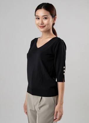 Pull coupe cintrée manches 3/4 noir RINASCIMENTO femme
