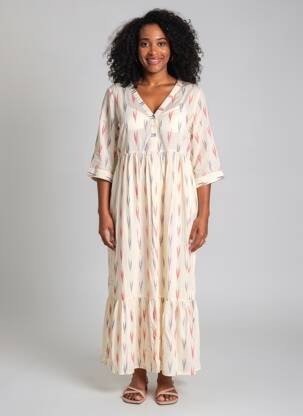 Robe longue imprimé fantaisie manches longues beige YERSE femme
