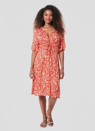 Robe mi-longue imprimé fleurs manches courtes rouge FREEMAN T.PORTER femme