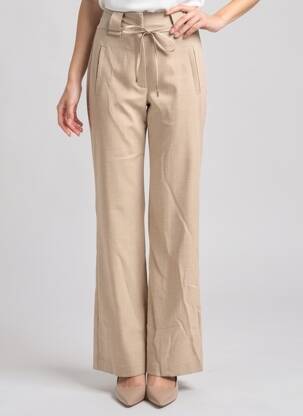 Pantalon flare fermeture zippée sous rabat avec crochet taille haute beige SUNCOO femme