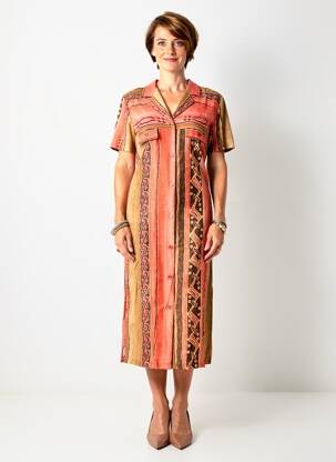 Robe mi-longue imprimé fantaisie manches courtes orange ATLANTA femme