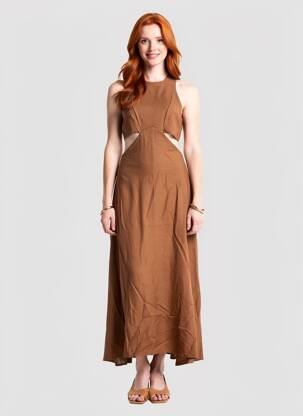 Robe longue sans manche sans manche marron LUMINA femme