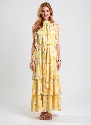 Robe longue imprimé fleurs sans manche jaune DE ROYAL femme