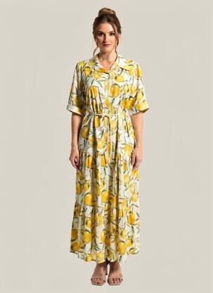Robe longue imprimé fantaisie manches courtes jaune ALTAMIRA femme
