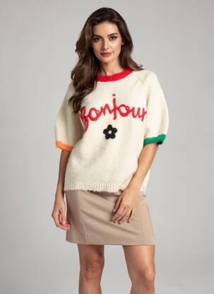 Pull coupe droite manches courtes beige DE ROYAL femme