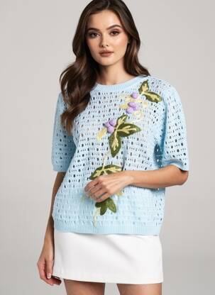 Pull coupe droite manches courtes bleu DE ROYAL femme