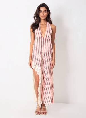 Robe longue manches dos nu sans manche rouge LUMINA femme
