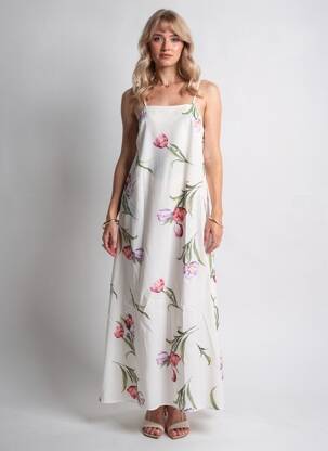Robe longue imprimé fleurs fines bretelles beige LUMINA femme