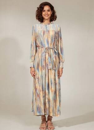 Robe longue imprimé fantaisie manches longues beige ALTAMIRA femme