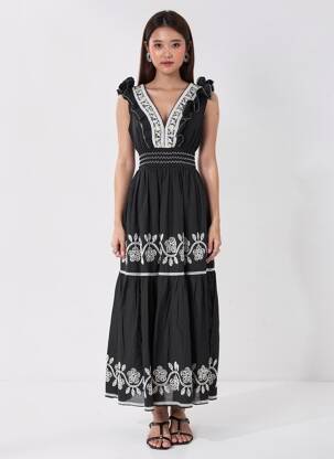 Robe longue manches courtes manches courtes noir ELPPIS femme