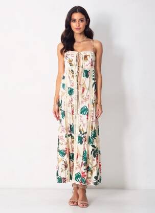 Robe longue imprimé fleurs fines bretelles beige LUMINA femme