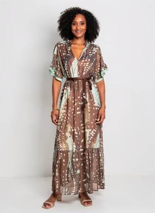 Robe longue manches courtes manches courtes marron ALTAMIRA femme