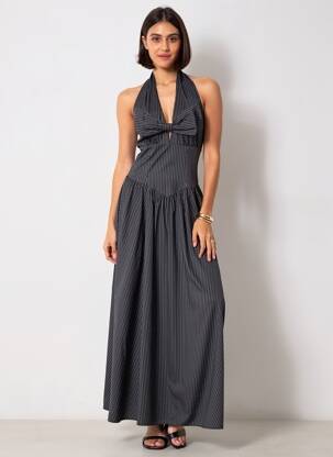 Robe longue manches dos nu sans manche noir LUMINA femme