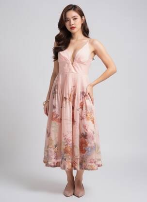 Robe longue imprimé fleurs fines bretelles rose DE ROYAL femme
