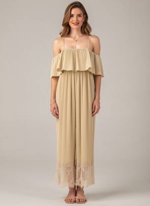 Combi-pantalon coupe fluide fines bretelles beige LUMINA femme