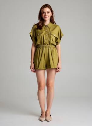 Combishort tissage crêpe manches courtes vert LUMINA femme