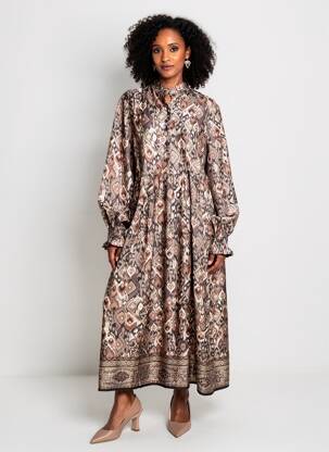 Robe longue imprimé fantaisie manches longues marron CREAM femme