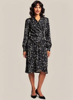 Robe mi-longue imprimé fantaisie manches longues noir K-DESIGN femme