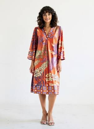 Robe mi-longue manches 3/4 manches 3/4 orange K-DESIGN femme