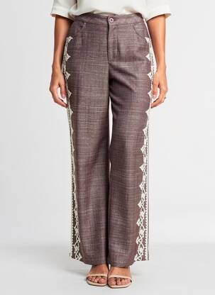Pantalon large fermeture zippée sous rabat boutonné taille normale marron DE ROYAL femme