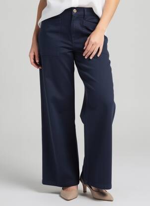 Pantalon large fermeture zippée sous rabat boutonné taille haute bleu HAPPY femme