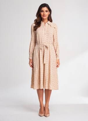Robe mi-longue coupe fluide manches longues beige INDI & COLD femme