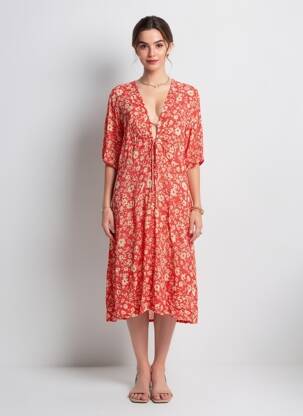Robe mi-longue imprimé fleurs manches courtes orange FREEMAN T.PORTER femme