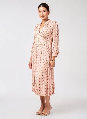 Robe mi-longue imprimé fantaisie manches longues rose INDI & COLD femme
