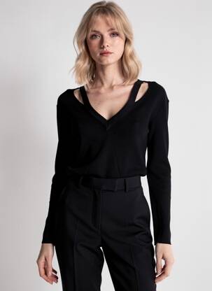 Pull col v manches longues noir SUNCOO femme
