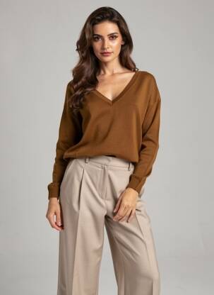 Pull col v manches longues marron SCHOOL RAG femme