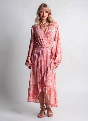 Robe longue imprimé fantaisie manches 3/4 orange SUNCOO femme