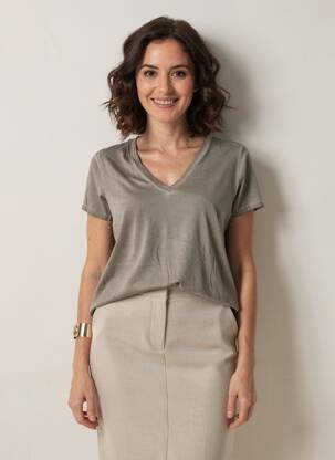 T-shirt col v manches courtes marron BY COCO femme