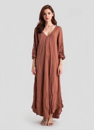 Robe longue coupe évasée manches 3/4 marron BY COCO femme