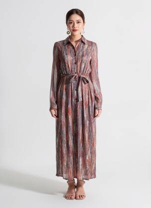 Robe longue imprimé fantaisie manches longues bleu LILIE ROSE femme