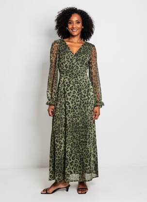 Robe longue manches longues manches longues vert LILIE ROSE femme