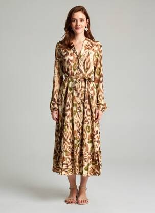 Robe longue imprimé fantaisie manches longues beige CECILE WANG femme