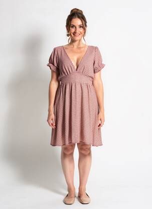 Robe mi-longue imprimé fantaisie manches courtes beige LILIE ROSE femme