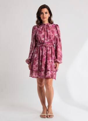 Robe mi-longue imprimé fleurs manches longues violet LILIE ROSE femme