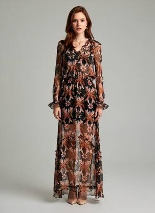 Robe longue imprimé fantaisie manches longues noir BERENICE femme