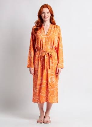Robe mi-longue imprimé fantaisie manches longues orange ROSEANNA femme