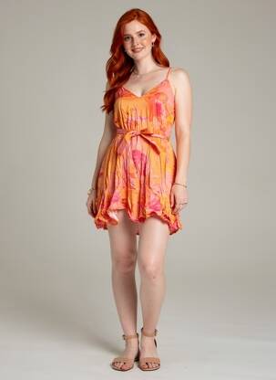 Robe mi-longue imprimé fantaisie fines bretelles orange MODETROTTER femme