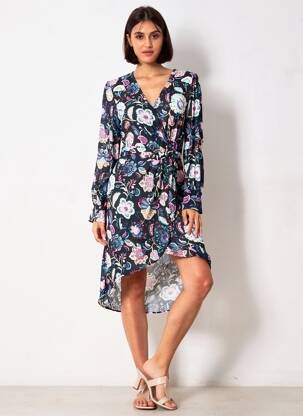 Robe mi-longue imprimé fantaisie manches longues bleu BERENICE femme