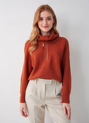 Pull col roulé coupe droite manches longues orange BERENICE femme