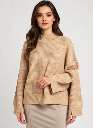 Pull coupe droite manches longues beige FIVE femme