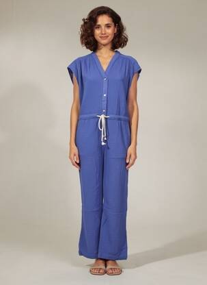 Combi-pantalon tissage crêpe manches courtes bleu HOD femme